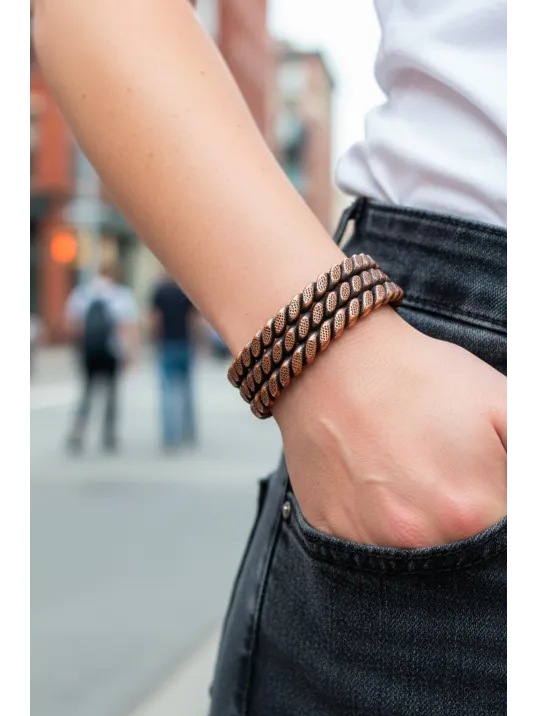 Kadın Bakır Bileklik - Üç Sıra Noktalı Burgu Bakır Bilezik Metal Kutu Ve Doğal Taşlar