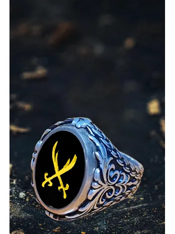 Erkek Gümüş Yüzük - Ortası Dönen Çift Taraflı Hz Zülfikar Kılıcı İşlemeli Erkek Yüzük