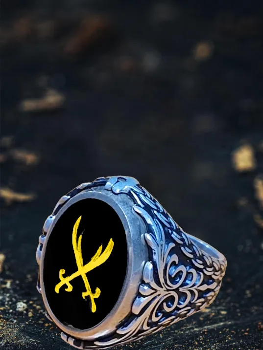 Erkek Gümüş Yüzük - Ortası Dönen Çift Taraflı Hz Zülfikar Kılıcı İşlemeli Erkek Yüzük