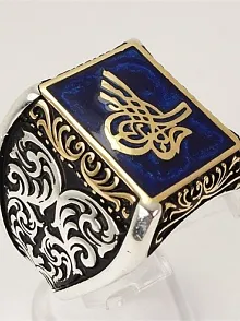 Osmanlı Tuğralı Mavi Mineli Gümüş Erkek Yüzüğü