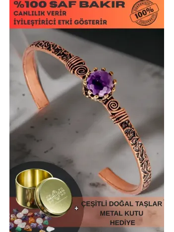 Kadın Bakır Bileklik - Ametist Taşlı Ağaç Kabuğu Model İnce Metal Kutu Doğal Taşlar Bilezik