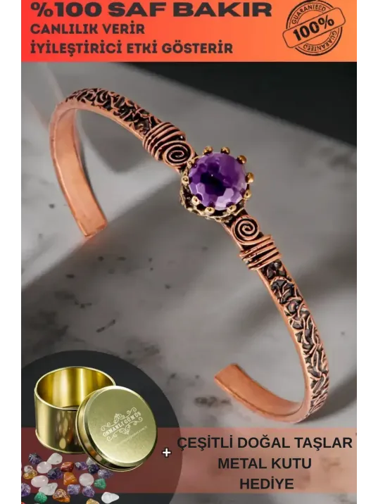 Kadın Bakır Bileklik - Ametist Taşlı Ağaç Kabuğu Model İnce Metal Kutu Doğal Taşlar Bilezik