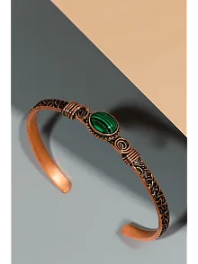 Kadın Bakır Bileklik - Yeşil Malakit Taşlı Otantik Model Yanı Desenli Bakır Bilezik