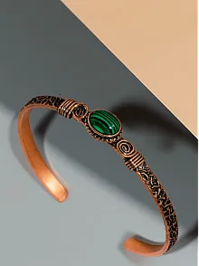 Kadın Bakır Bileklik - Yeşil Malakit Taşlı Otantik Model Yanı Desenli Bakır Bilezik