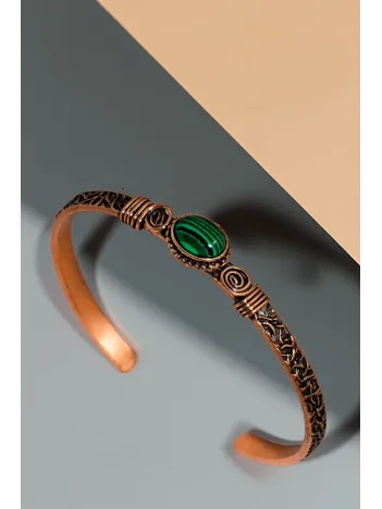 Kadın Bakır Bileklik - Yeşil Malakit Taşlı Otantik Model Yanı Desenli Bakır Bilezik