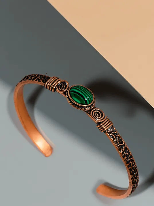 Kadın Bakır Bileklik - Yeşil Malakit Taşlı Otantik Model Yanı Desenli Bakır Bilezik
