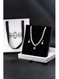 Kadın İnci Kolye Küpe Set - Helena Model Çiçek Motifli Kadın İnci Set