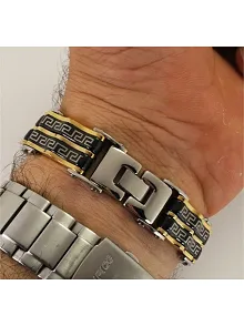 Çift Sıra Kalın Grek Motifli Paslanmaz Çelik Erkek Bileklik