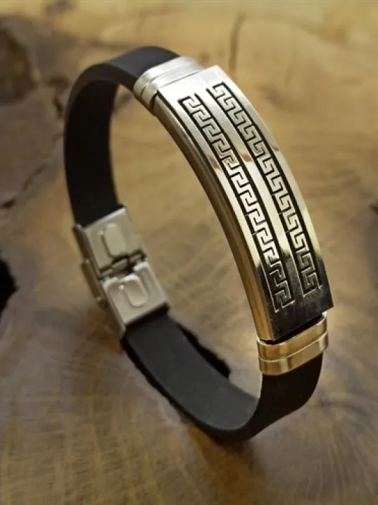 Çift Sıra Grek Desen Kauçuk Çelik Erkek Bileklik DBLCIFTGREK-SYH