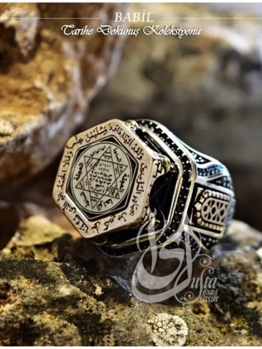 İslam Usta Tasarımı Babil Temalı Gümüş Erkek Yüzük