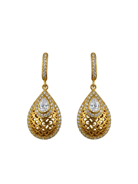 Kadın Gümüş Kolye Yüzük Küpe Set - Damla Model 22 Ayar Altın Kaplama Zirkon Taşlı Gümüş Set