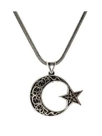 Özel İşçilikli Ay Yıldız Erkek Gümüş Kolye Zincir Orta Boy