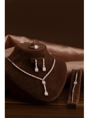Kadın Gümüş Takı Seti - Ayfer Baget Taşlı Kare Model Kolye, Bileklik, Yüzük, Küpe Tam Set
