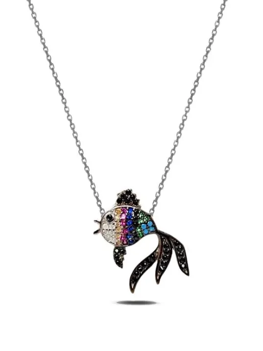 Gümüş Taşlı Balık Bayan Gümüş Kolye Zincir