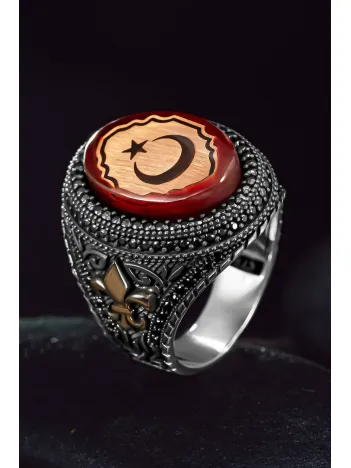 Erkek Gümüş Yüzük - Kırmızı Kehribar Taşlı Ay Yıldız İşlemeli Erkek Yüzük Erkek Gümüş Yüzük - Kırmızı Kehribar Taşlı Ay Yıldız İşlemeli Erkek Yüzük