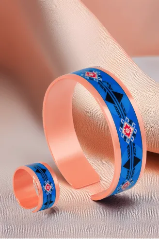 Kadın Bakır Bileklik Yüzük Set - Zaira Model Özel Baskı Metal Kutu Ve Kuvars Taşı