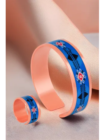 Kadın Bakır Bileklik Yüzük Set - Zaira Model Özel Baskı Metal Kutu Ve Kuvars Taşı