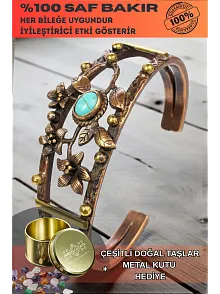Kadın Bakır Bileklik - Turkuaz Firuze Taşlı Oval Model Çiçek Motif Bilezik Metal Kutu ve Doğal Taş