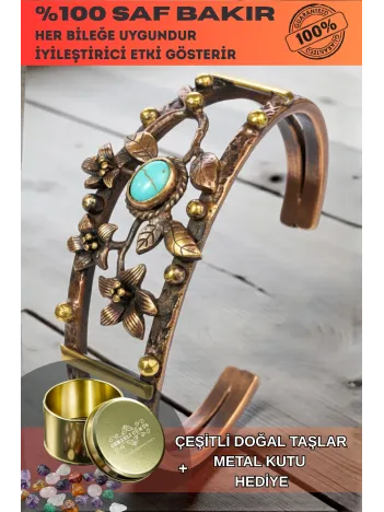 Kadın Bakır Bileklik - Turkuaz Firuze Taşlı Oval Model Çiçek Motif Bilezik Metal Kutu ve Doğal Taş