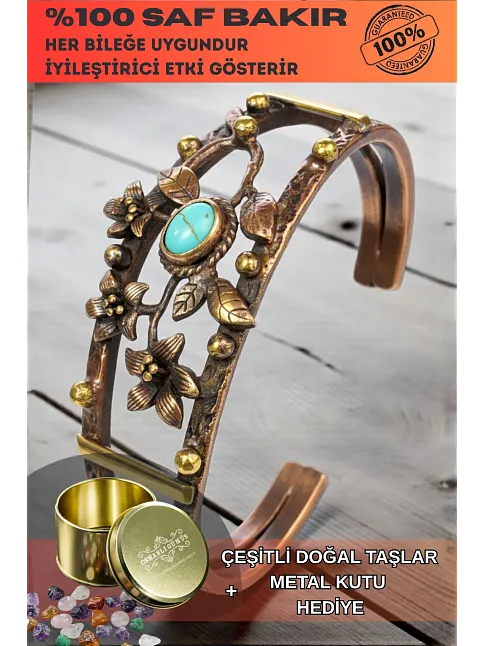 Kadın Bakır Bileklik - Turkuaz Firuze Taşlı Oval Model Çiçek Motif Bilezik Metal Kutu ve Doğal Taş Kadın Bakır Bileklik - Turkuaz Firuze Taşlı Oval Model Çiçek Motif Bilezik Metal Kutu ve Doğal Taş