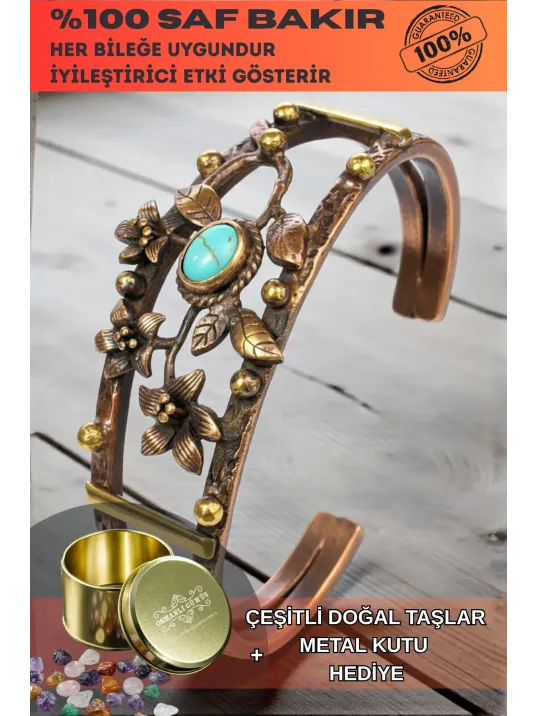 Kadın Bakır Bileklik - Turkuaz Firuze Taşlı Oval Model Çiçek Motif Bilezik Metal Kutu ve Doğal Taş