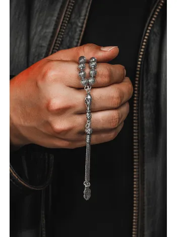 Erkek Tesbih - Hicran Oksitli 925 Ayar Gümüş Erkek Tespih Orta Boy 29gr