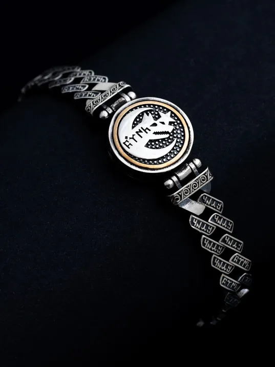 Erkek Gümüş Bileklik - Göktürkçe Türk Yazılı Bozkurt Ve Ayyıldız Ortası Dönen Model Gümüş Bileklik