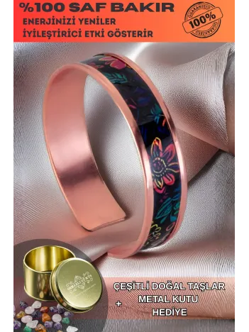 Kadın Bakır Bileklik - Bianca Model Özel Baskı Metal Kutu Ve Doğal Taşlar