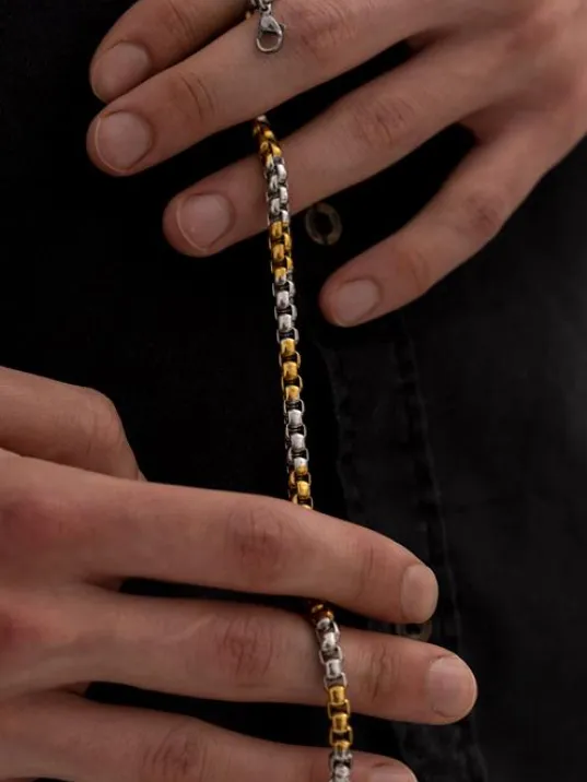 Ottoman 5.5mm Polo Gümüş-Altın Renk Erkek Bileklik Künye İnce Model Ottoman 5.5mm Polo Gümüş-Altın Renk Erkek Bileklik Künye İnce Model