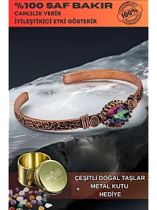 Kadın Bakır Bileklik - Mistik Topaz Taş Mekik Ağaç Kabuğu Model İnce Metal Kutu Doğal Taşlı Bilezik
