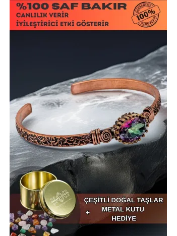 Kadın Bakır Bileklik - Mistik Topaz Taş Mekik Ağaç Kabuğu Model İnce Metal Kutu Doğal Taşlı Bilezik