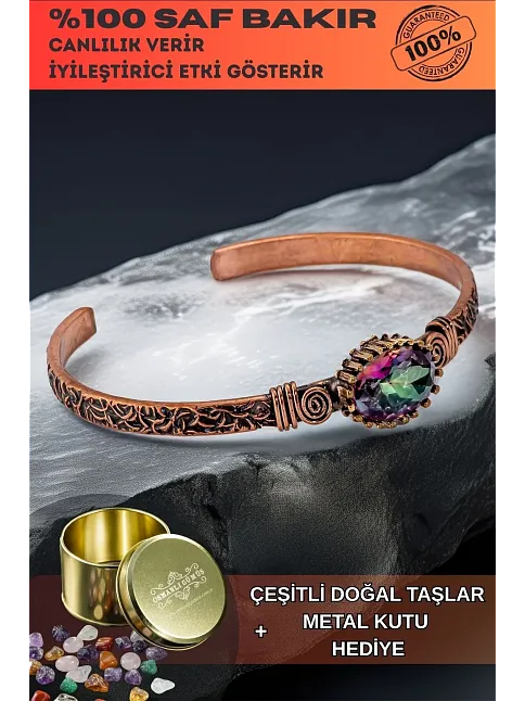 Kadın Bakır Bileklik - Mistik Topaz Taş Mekik Ağaç Kabuğu Model İnce Metal Kutu Doğal Taşlı Bilezik