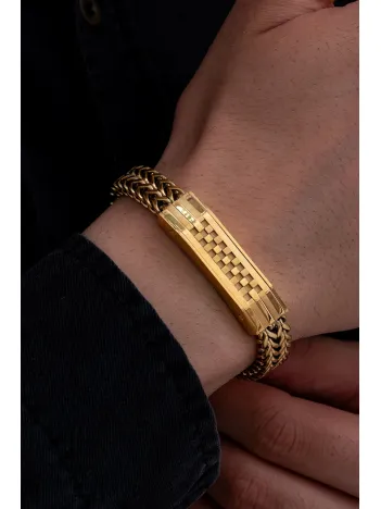 Erkek Çelik Bileklik - Altın Kaplama Bukle Model Çift Sıra Örüm Zincir Çelik Bileklik