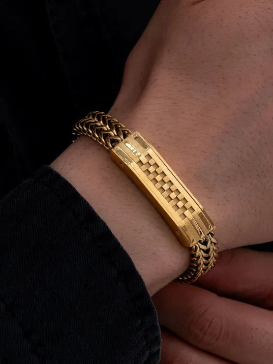 Erkek Çelik Bileklik - Altın Kaplama Bukle Model Çift Sıra Örüm Zincir Çelik Bileklik