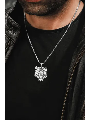 Erkek Gümüş Kolye - Kaplan İşlemeli Kral Zincirli Erkek Kolye