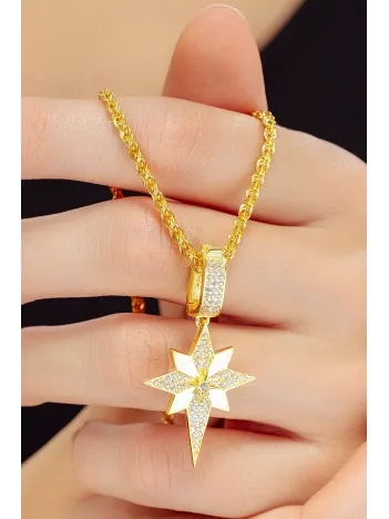 Kadın 925 Ayar Gümüş 18 Ayar Altın Kaplama Kutup Yıldızı Kolye – Taşlı Zarif Tasarım