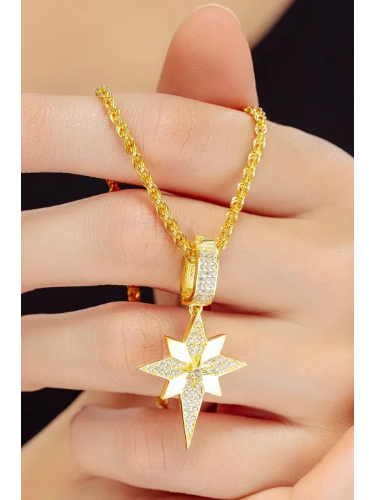 Kadın 925 Ayar Gümüş 18 Ayar Altın Kaplama Kutup Yıldızı Kolye – Taşlı Zarif Tasarım