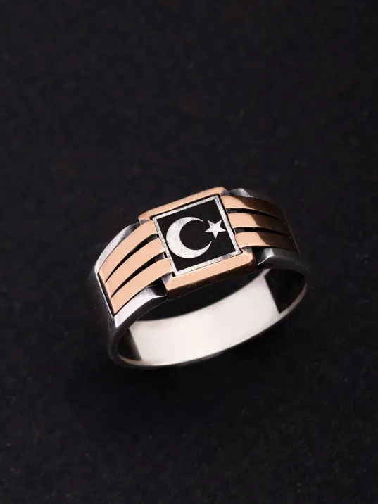 Erkek Gümüş Yüzük - Ay Yıldız Bayrak Model İnce Kibar Erkek Yüzüğü