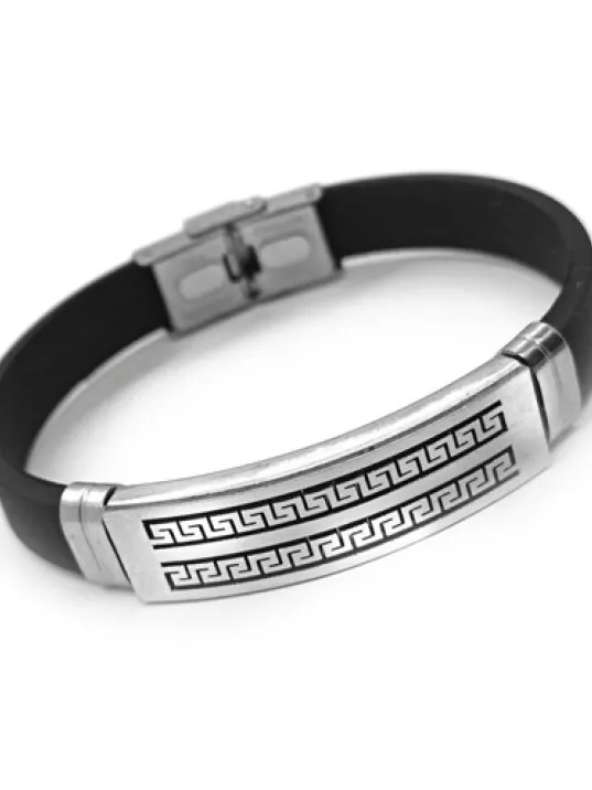 Çift Sıra Grek Desen Kauçuk Çelik Erkek Bileklik DBLCIFTGREK-SYH