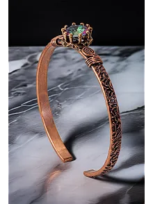 Kadın Bakır Bileklik - Mistik Topaz Model 2 Ağaç Kabuğu Model İnce Metal Kutu Doğal Taşlar Bilezik