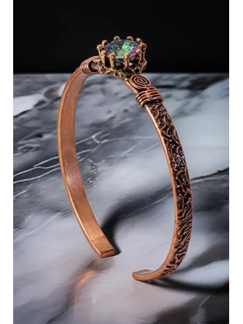 Kadın Bakır Bileklik - Mistik Topaz Model 2 Ağaç Kabuğu Model İnce Metal Kutu Doğal Taşlar Bilezik