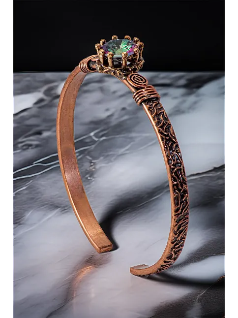 Kadın Bakır Bileklik - Mistik Topaz Model 2 Ağaç Kabuğu Model İnce Metal Kutu Doğal Taşlar Bilezik