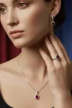 Kadın Gümüş Kolye Yüzük Küpe Set - Yuvarlak Doğal Kırmızı Safir Taşlı Gümüş Set