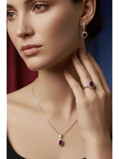 Kadın Gümüş Kolye Yüzük Küpe Set - Yuvarlak Doğal Kırmızı Safir Taşlı Gümüş Set Kadın Gümüş Kolye Yüzük Küpe Set - Yuvarlak Doğal Kırmızı Safir Taşlı Gümüş Set