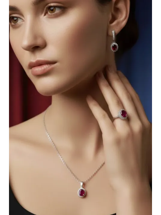 Kadın Gümüş Kolye Yüzük Küpe Set - Yuvarlak Doğal Kırmızı Safir Taşlı Gümüş Set