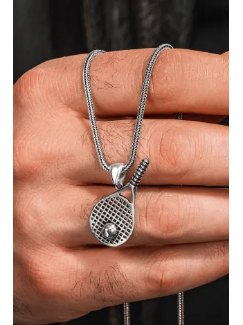 925 Ayar Gümüş Tenis Raketi Kolye Tenis Topu Detaylı Spor Temalı Erkek Kolye