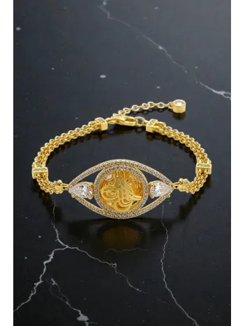 Kadın Gümüş Bileklik - Altın Kaplama Osmanlı Tuğrası Motifli Damla Model Zirkon Taşlı Bileklik