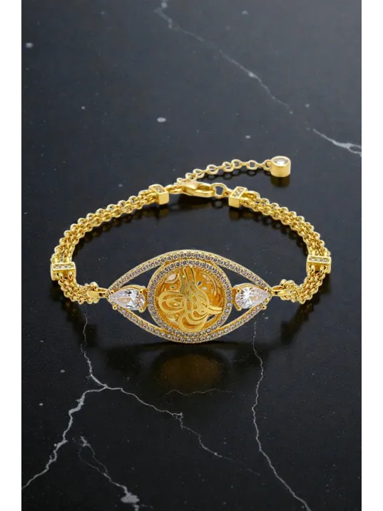 Kadın Gümüş Bileklik - Altın Kaplama Osmanlı Tuğrası Motifli Damla Model Zirkon Taşlı Bileklik