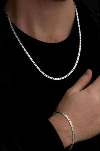 Erkek Gümüş Kolye Bileklik Set - 4mm 925 Ayar Ezme Gurmet Gümüş Set