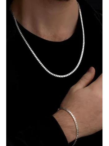 Erkek Gümüş Kolye Bileklik Set - 4mm 925 Ayar Ezme Gurmet Gümüş Set